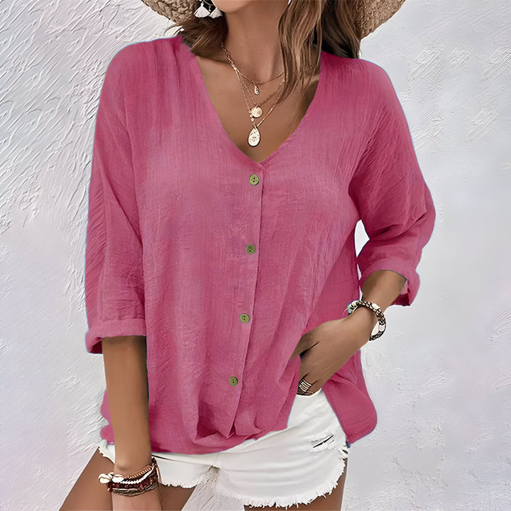 Vespervanne | Women's Linen Casual Relaxed Button-Up Blouse — Pink