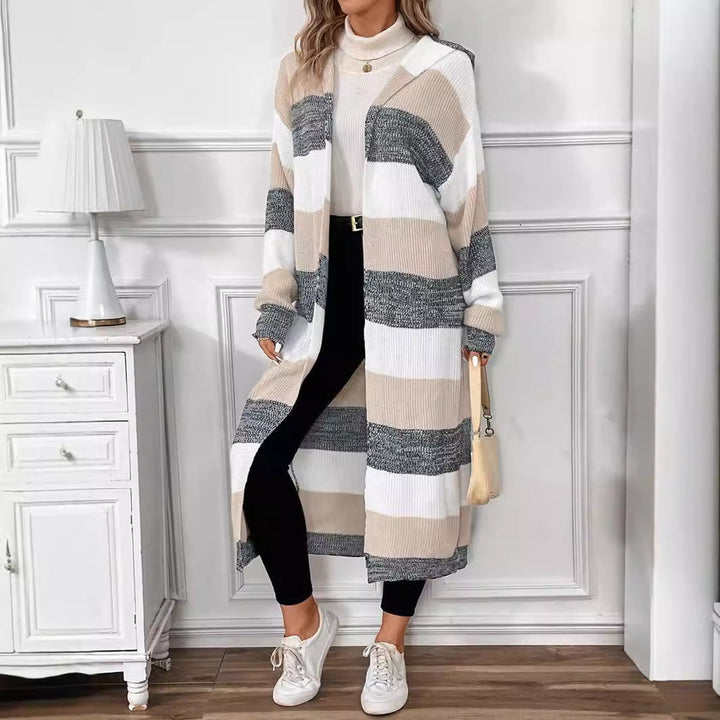 Vienine | Women's Striped Hooded Oversized Long Cardigan