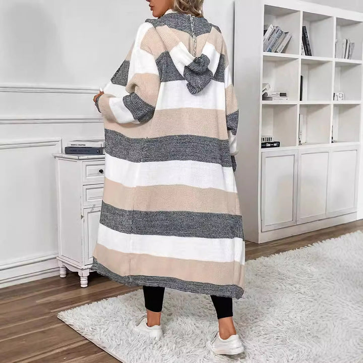 Vienine | Women's Striped Hooded Oversized Long Cardigan