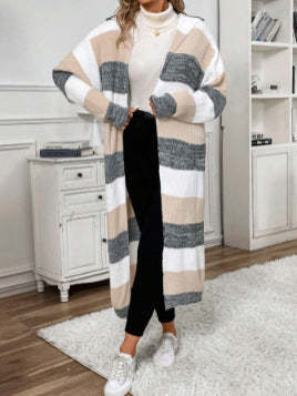 Vienine | Women's Striped Hooded Oversized Long Cardigan