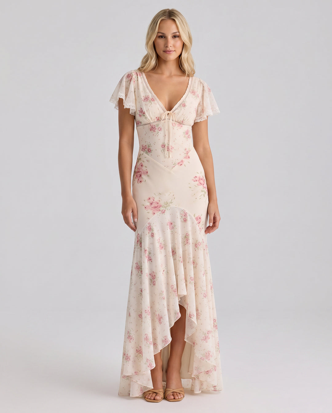 Vienora | Women's Wedding Guest Elegant Maxi Dress with Floral Print and Lace Trim Dresses — 1
