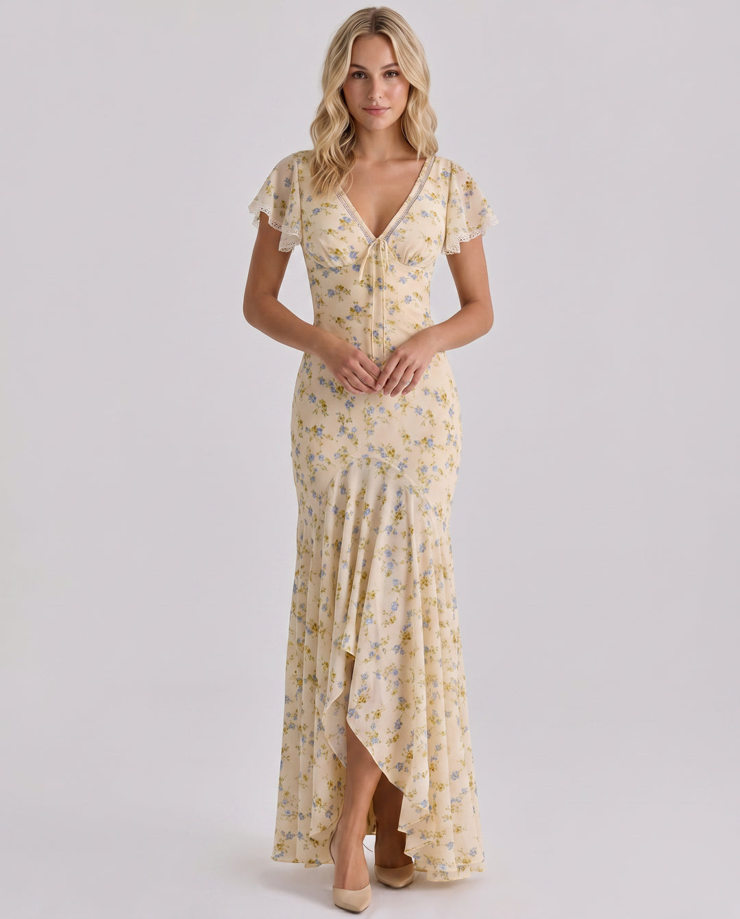 Vienora | Women's Wedding Guest Elegant Maxi Dress with Floral Print and Lace Trim Dresses — Yellow