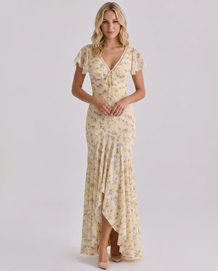 Vienora | Women's Wedding Guest Elegant Maxi Dress with Floral Print and Lace Trim Dresses — Yellow