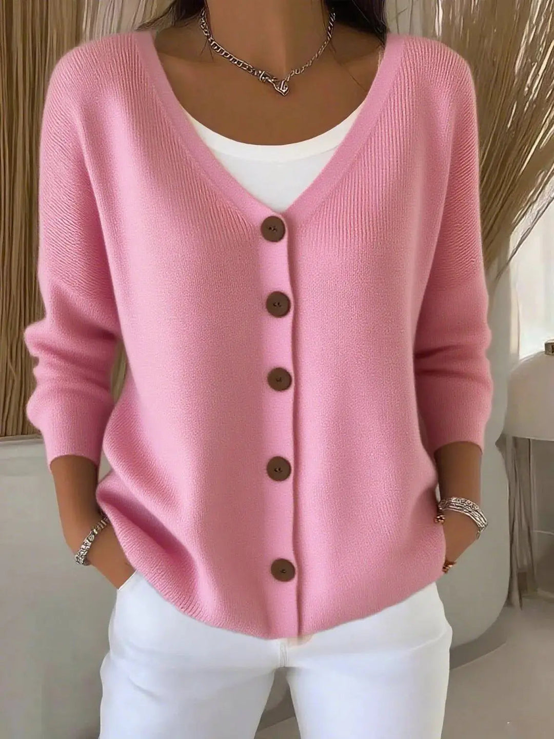 Viensia | Women's Cozy Cardigan Sweater Solid Color Button Front Casual Knit — Pink