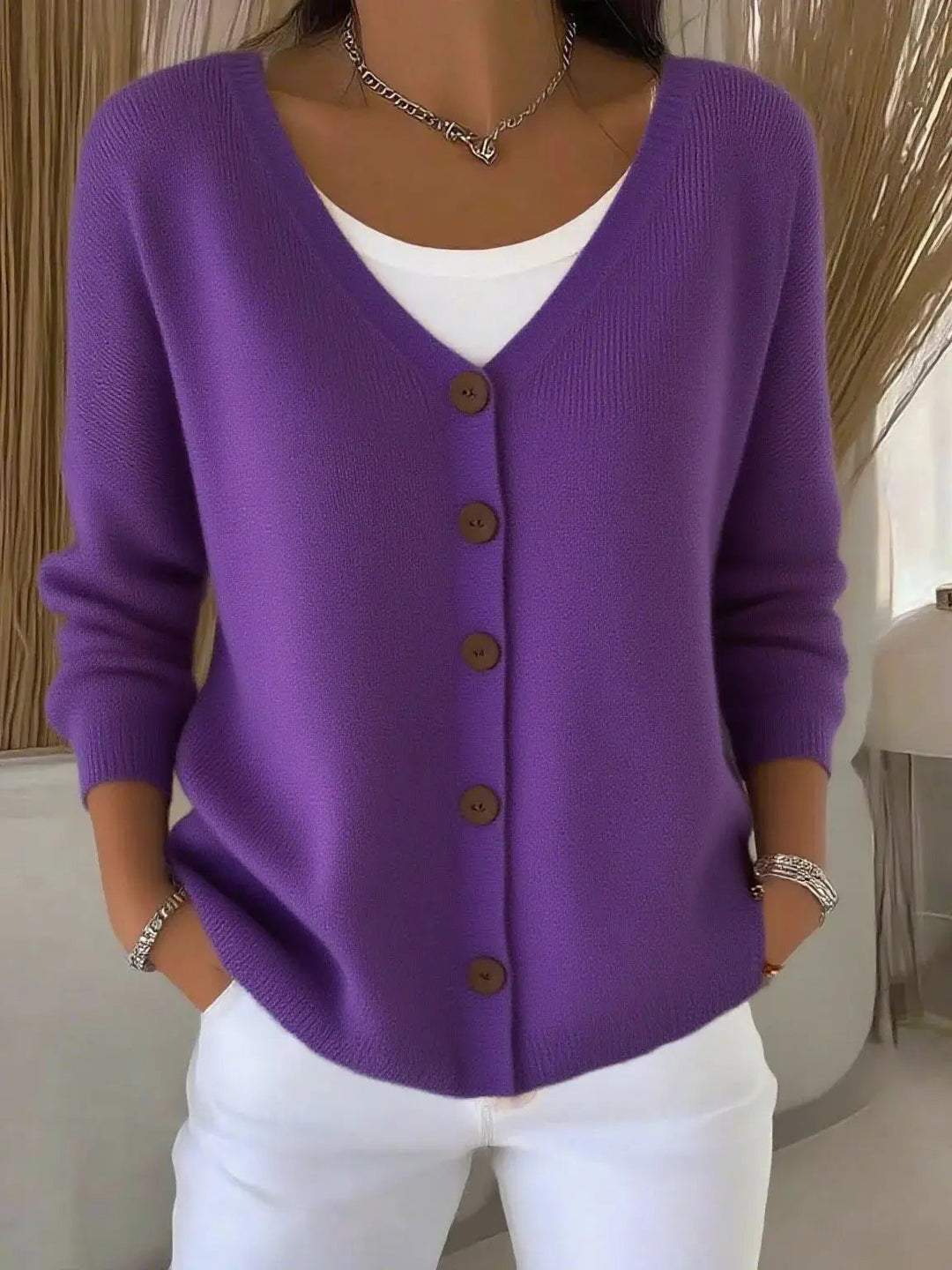 Viensia | Women's Cozy Cardigan Sweater Solid Color Button Front Casual Knit — PURPLE
