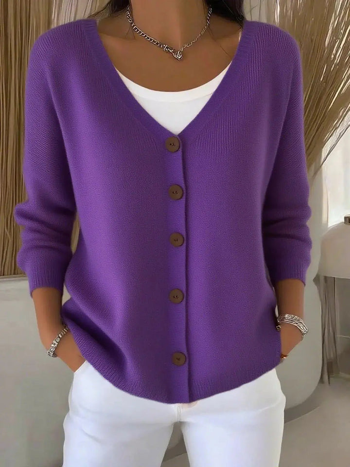 Viensia | Women's Cozy Cardigan Sweater Solid Color Button Front Casual Knit — PURPLE