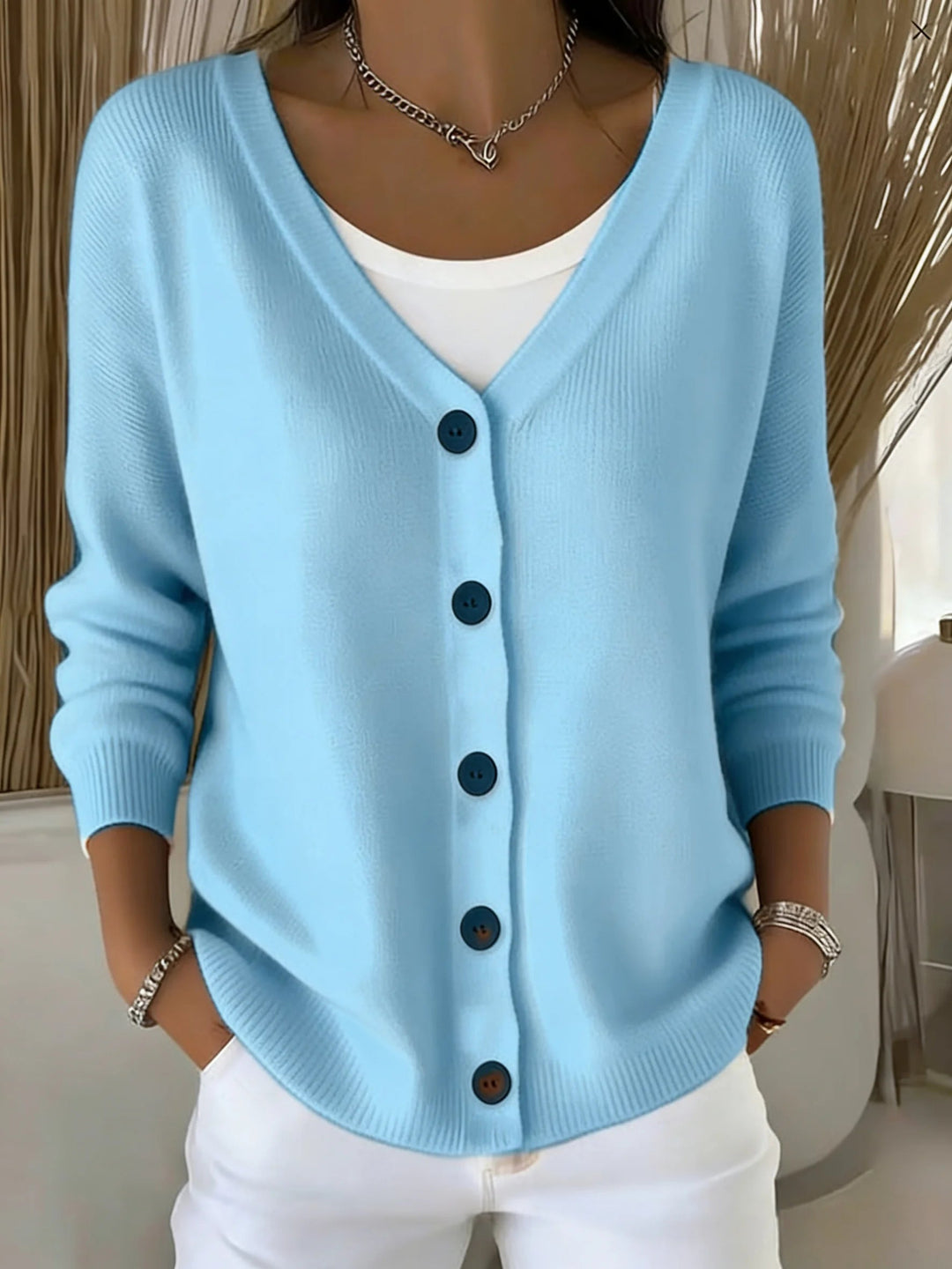 Viensia | Women's Cozy Cardigan Sweater Solid Color Button Front Casual Knit — SKY BLUE