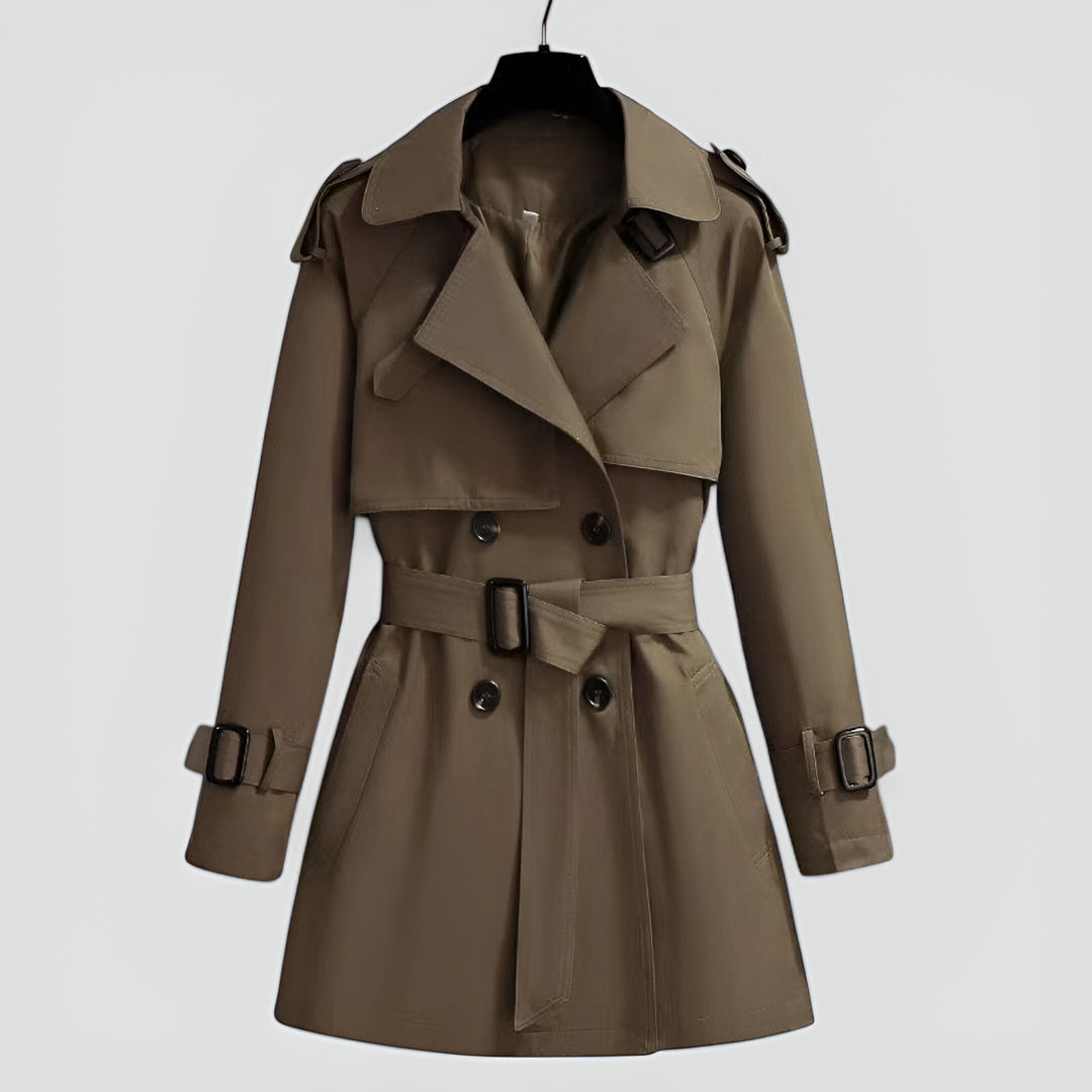 Vienstine | Women's Double-Breasted Trench Coat with Belted Waist — Khaki
