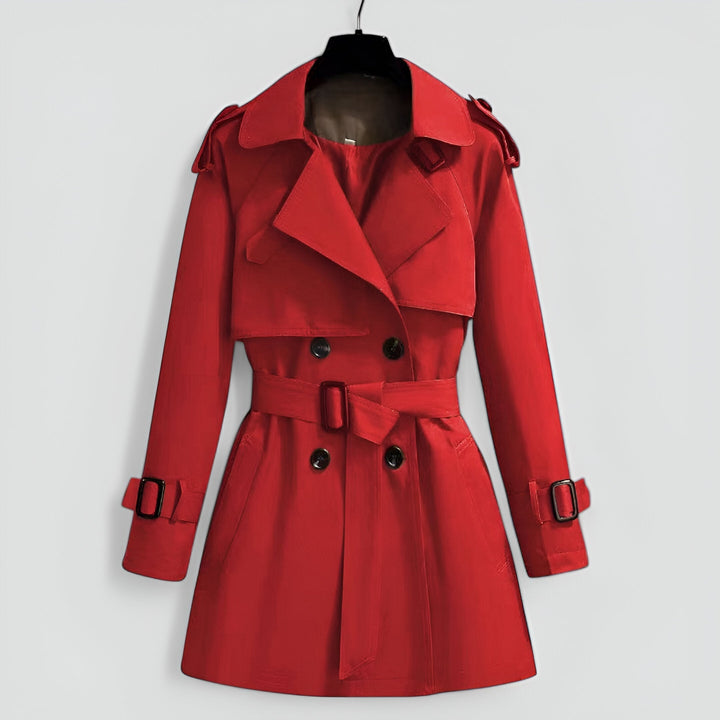 Vienstine | Women's Double-Breasted Trench Coat with Belted Waist — Red