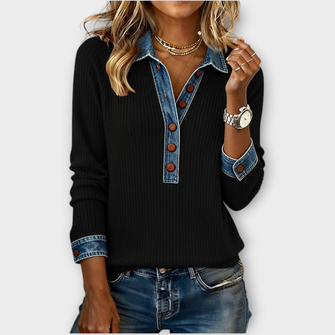 Wildavanne | Women's Cozy Knit Sweater Ribbed Button Front — Black