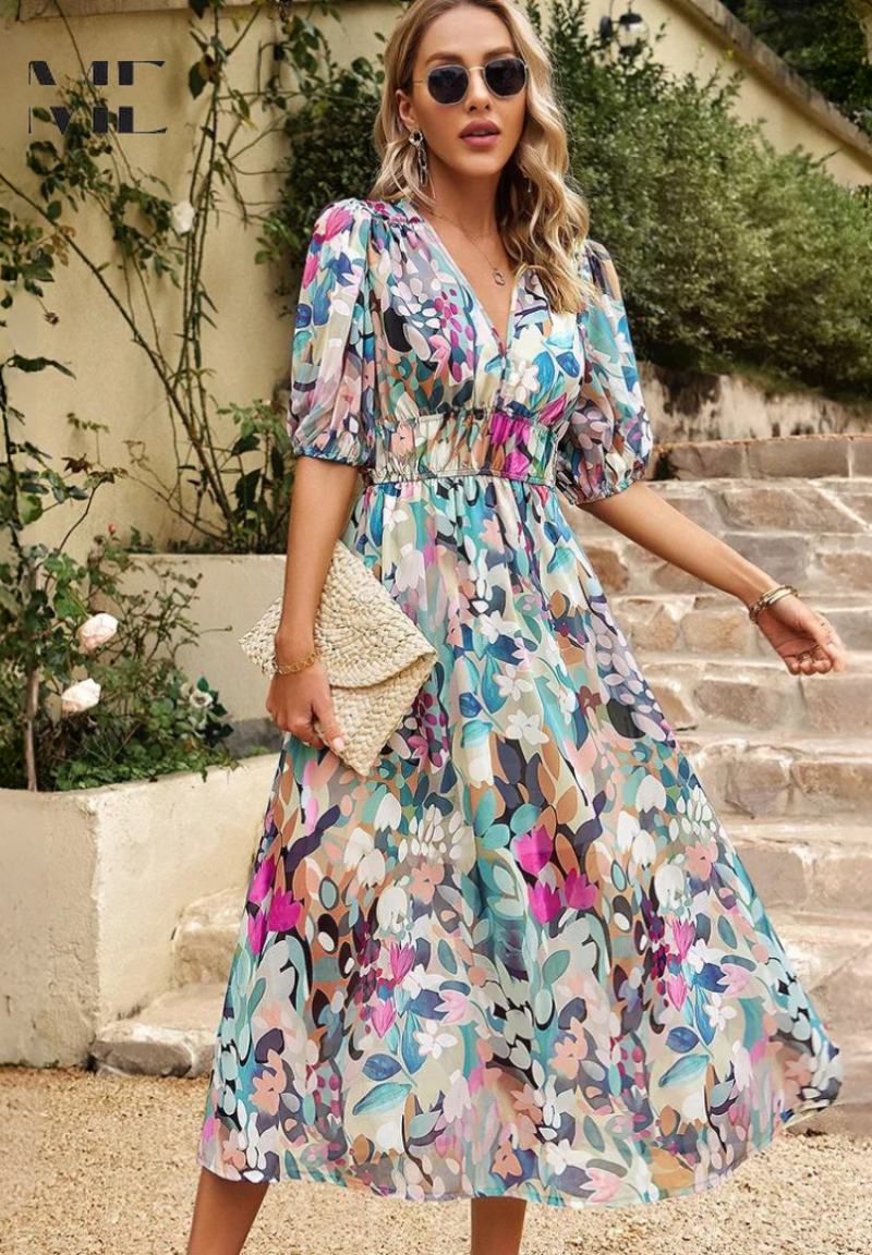 Woman wearing floral midi dress on staircase outdoor summer setting