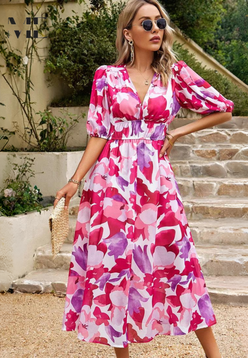 Woman posing front view floral midi dress staircase outdoor background