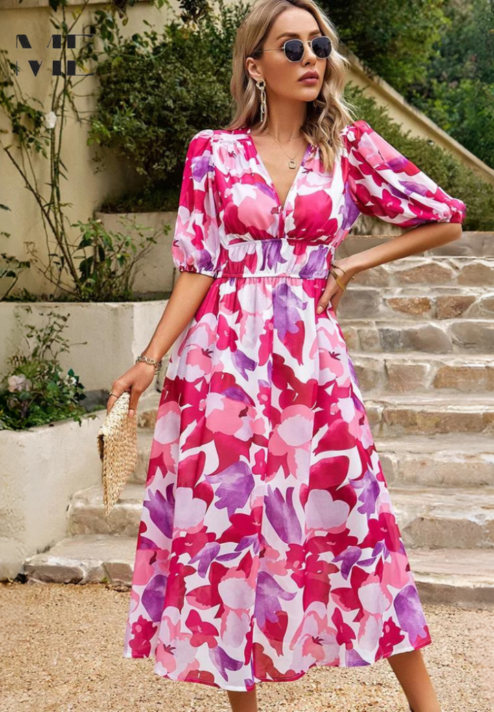 Woman posing front view floral midi dress staircase outdoor background