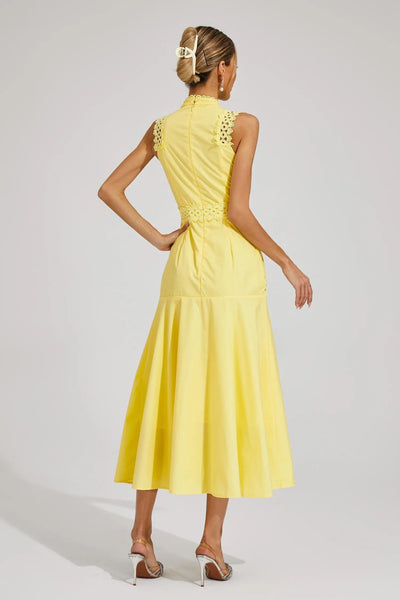 Woman posing gracefully in refined midi dress on plain background, back view