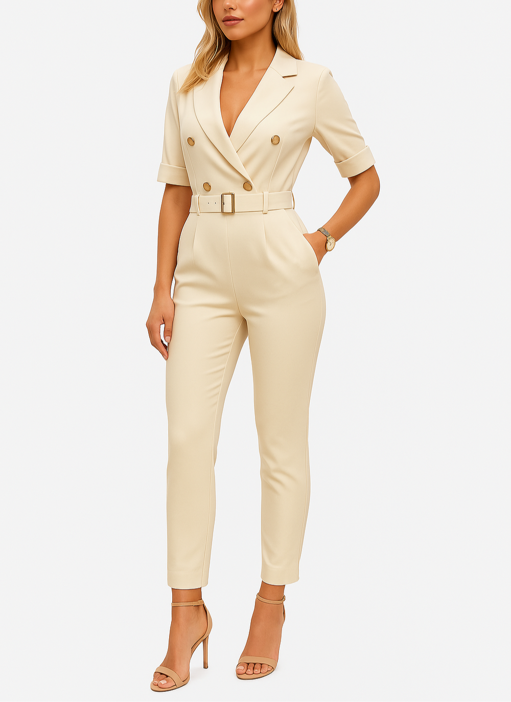 Model posing in belted jumpsuit against a plain backdrop.