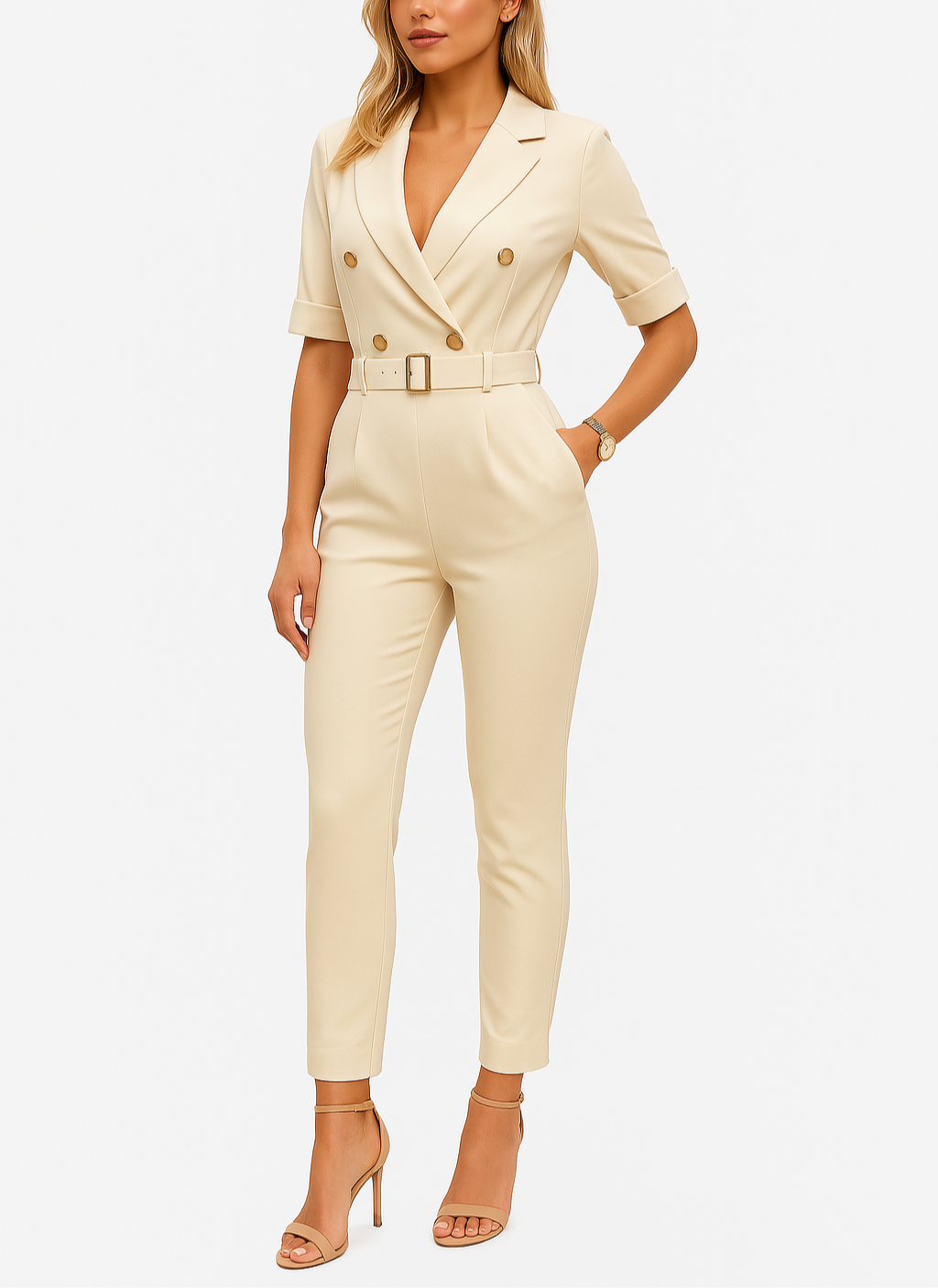 Model posing in belted jumpsuit against a plain backdrop.