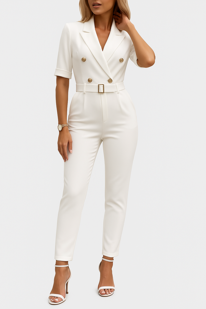 Model wearing tailored jumpsuit front view on plain background.