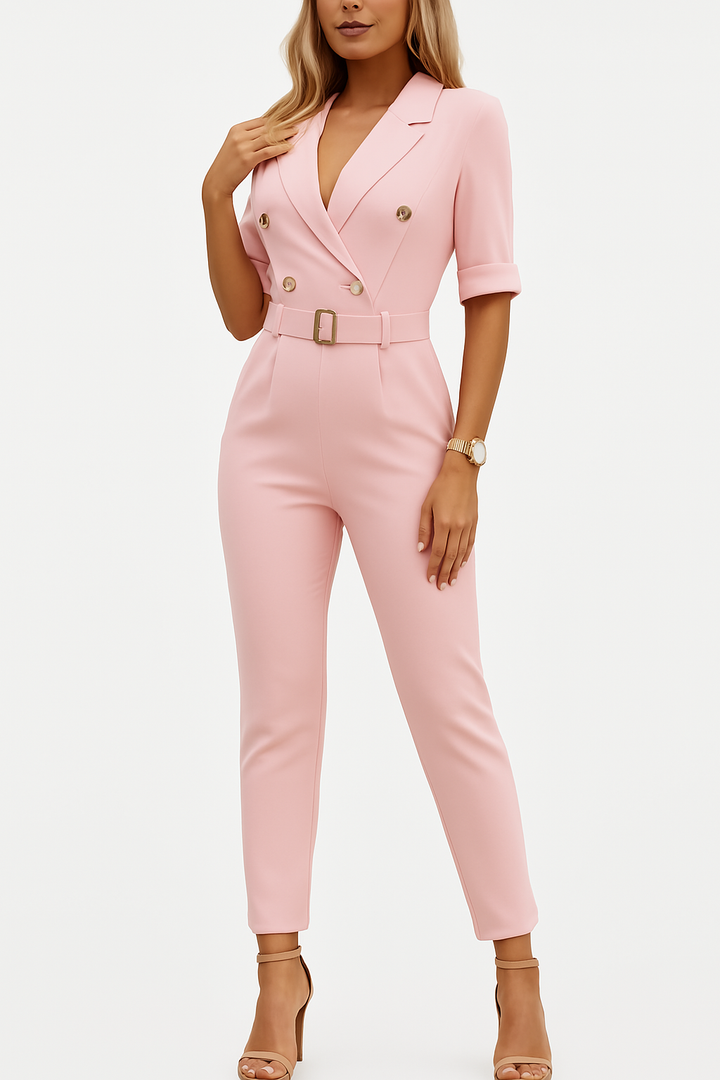 Front angle of chic jumpsuit shown on plain background.