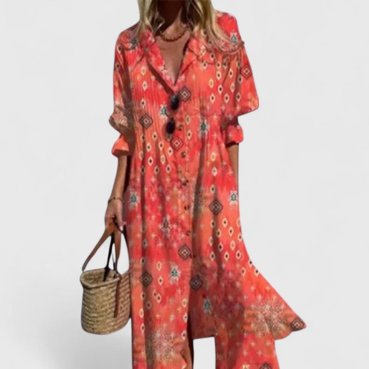 Female model styled in a chic floral maxi dress with flattering V-neckline.