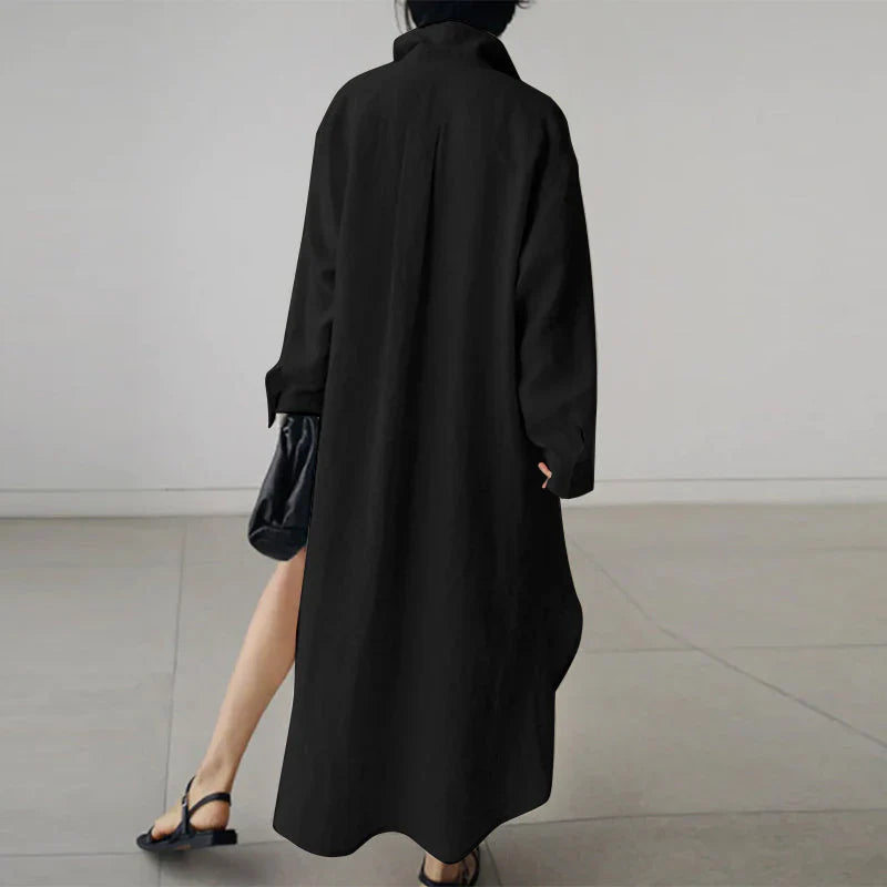 Button front women’s midi dress modeled against a clean background, back view