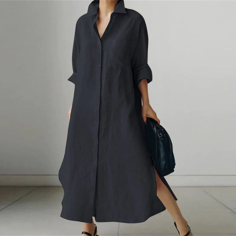 Elegant women’s button down midi dress shown on a woman model.