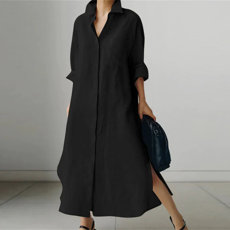 Woman model styling a collared midi shirt dress on a plain background.