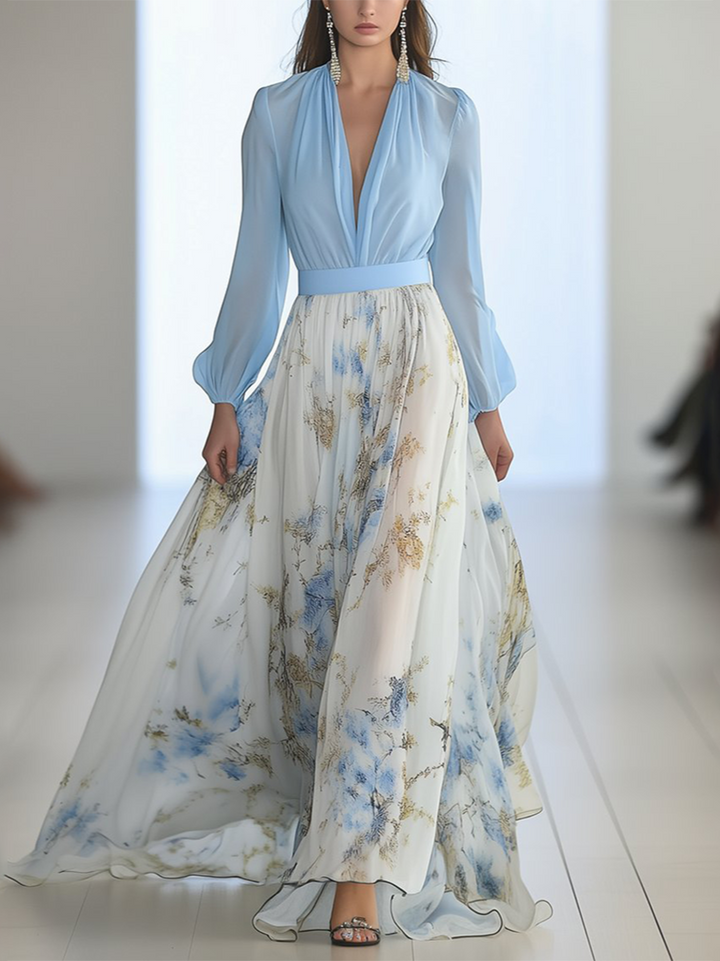 Woman model wearing a floral maxi dress on a clean plain background