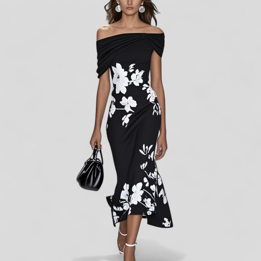 Floral off shoulder midi dress shown on a woman model against a plain background.