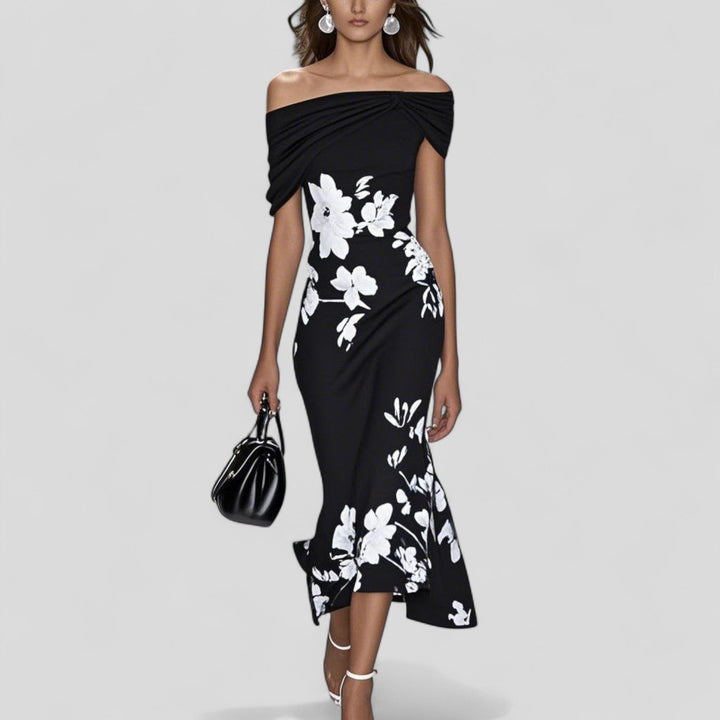 Floral off shoulder midi dress shown on a woman model against a plain background.