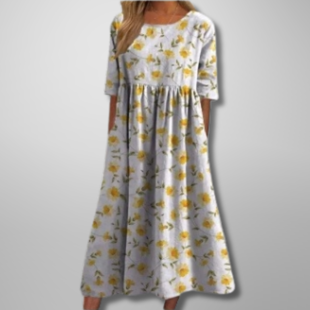 Model in a true to size floral maxi dress on a clean background.
