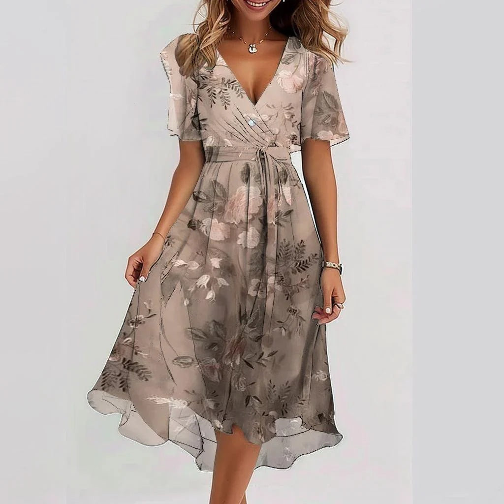 Woman model displaying a lightweight floral midi dress with a plain setting.