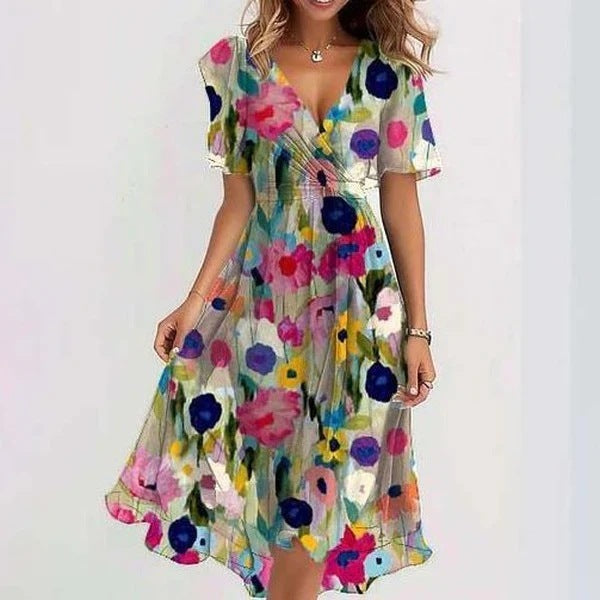 Woman in a V-neck floral midi dress posed against a minimal background.