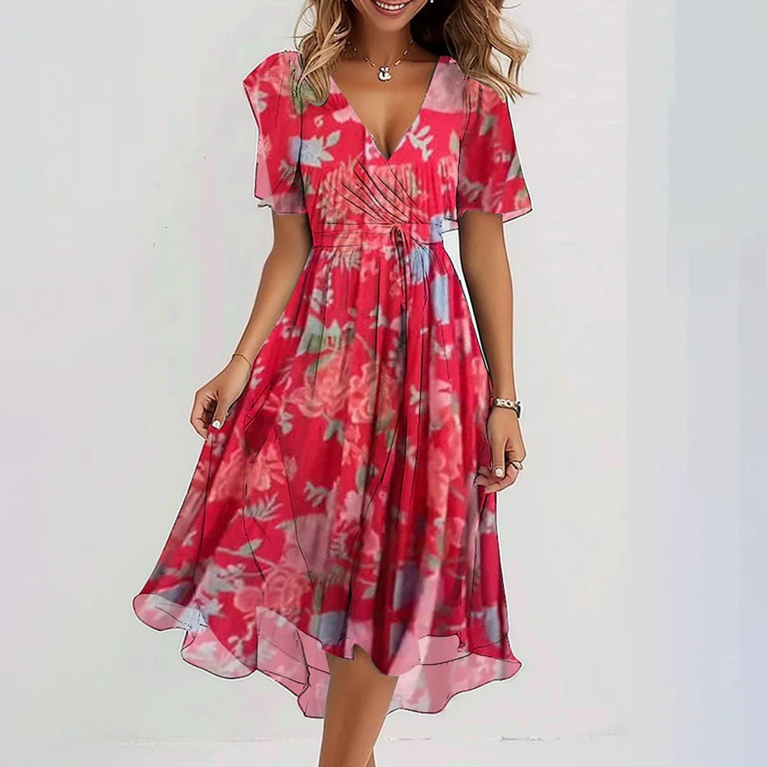 Stylish woman modeling a floral wrap dress on a simple clean background.
