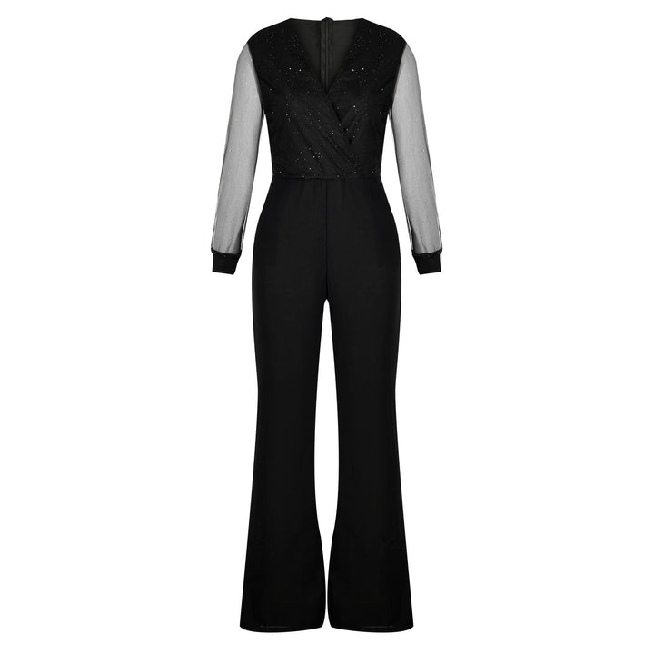 Model walking pose wearing wide leg jumpsuit plain background setting, back view