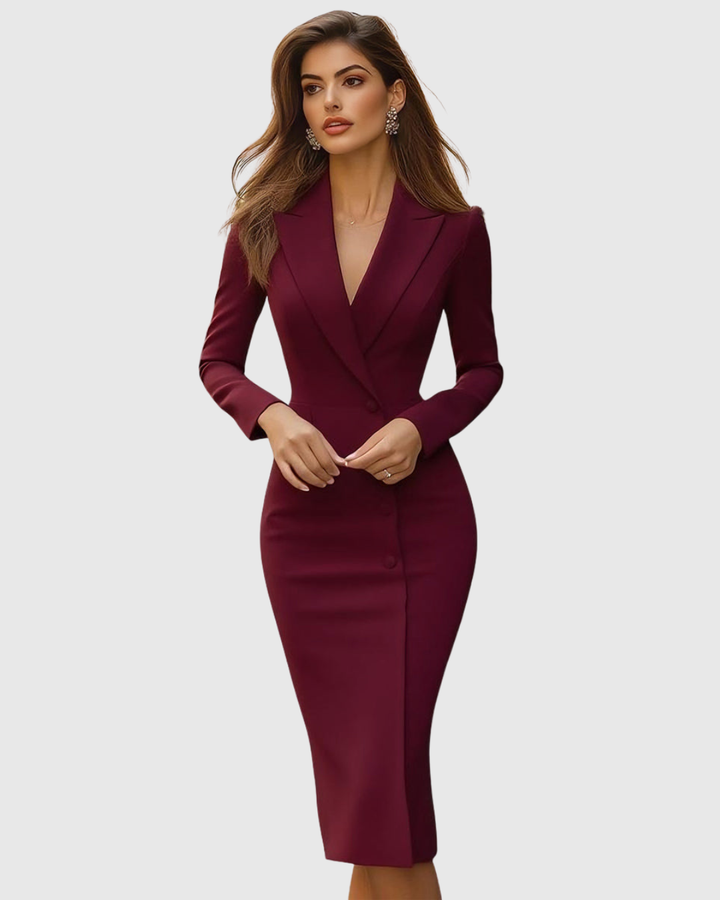 Woman model wearing an occasion-ready wrap midi dress with long sleeves.