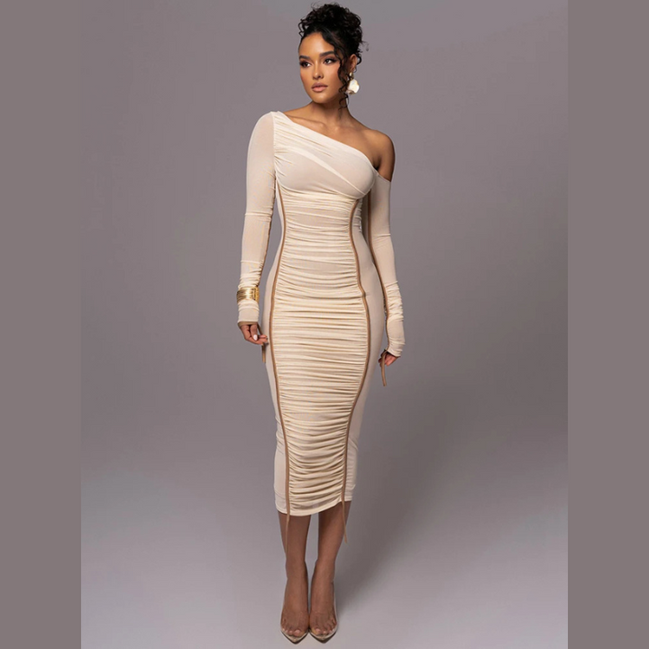 Woman model wearing a one-shoulder ruched midi dress against a clean background.