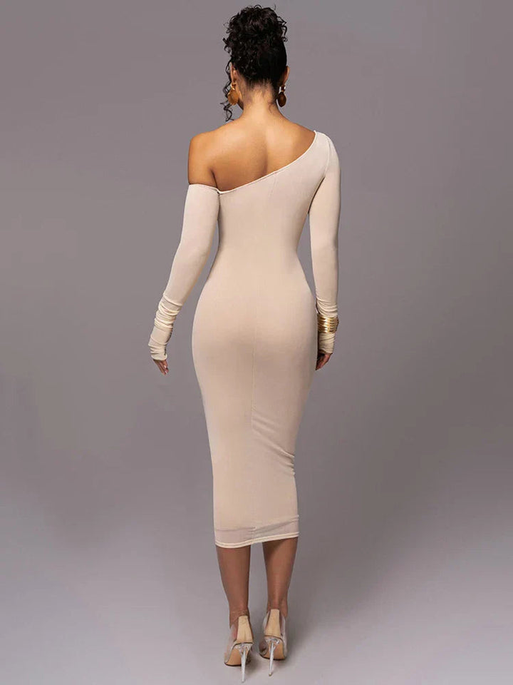 Woman model in a stylish bodycon midi dress with one-shoulder detail, back view