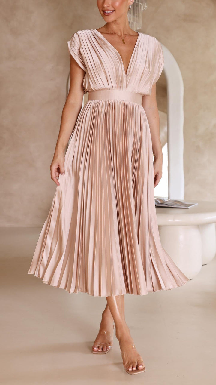 V-neck sleeveless midi dress displayed on a woman model on a plain background.