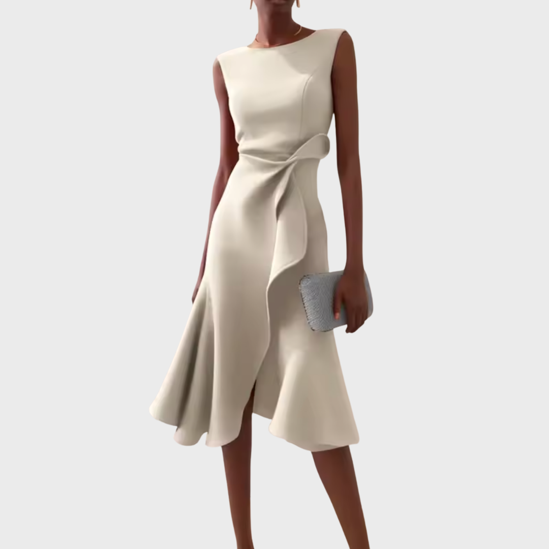 Sleeveless midi dress with wrap design modeled on a clean background.