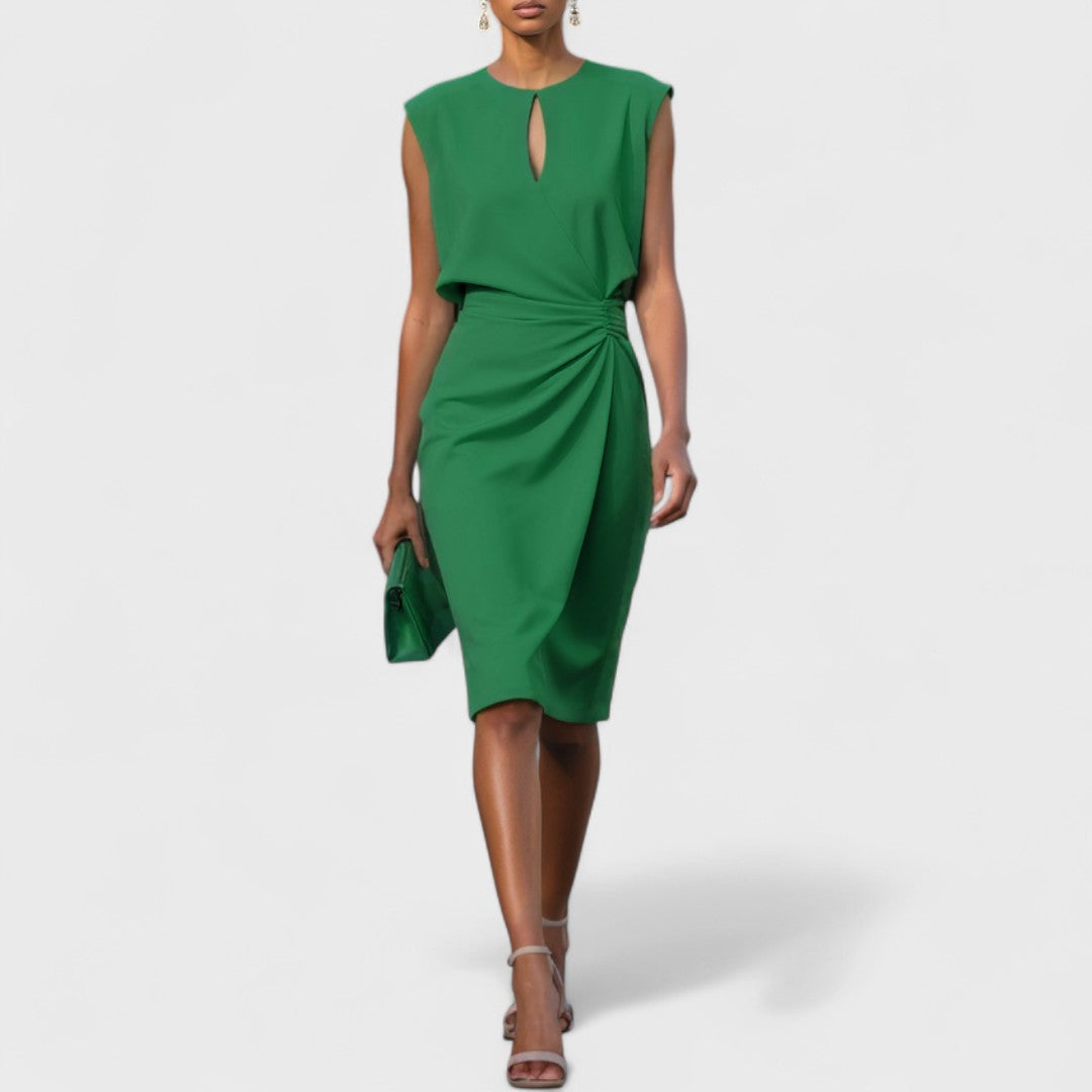 Woman model wearing a fitted midi dress with keyhole neckline.