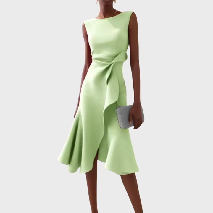 Chic wrap midi dress featured on a woman model with a clean background.