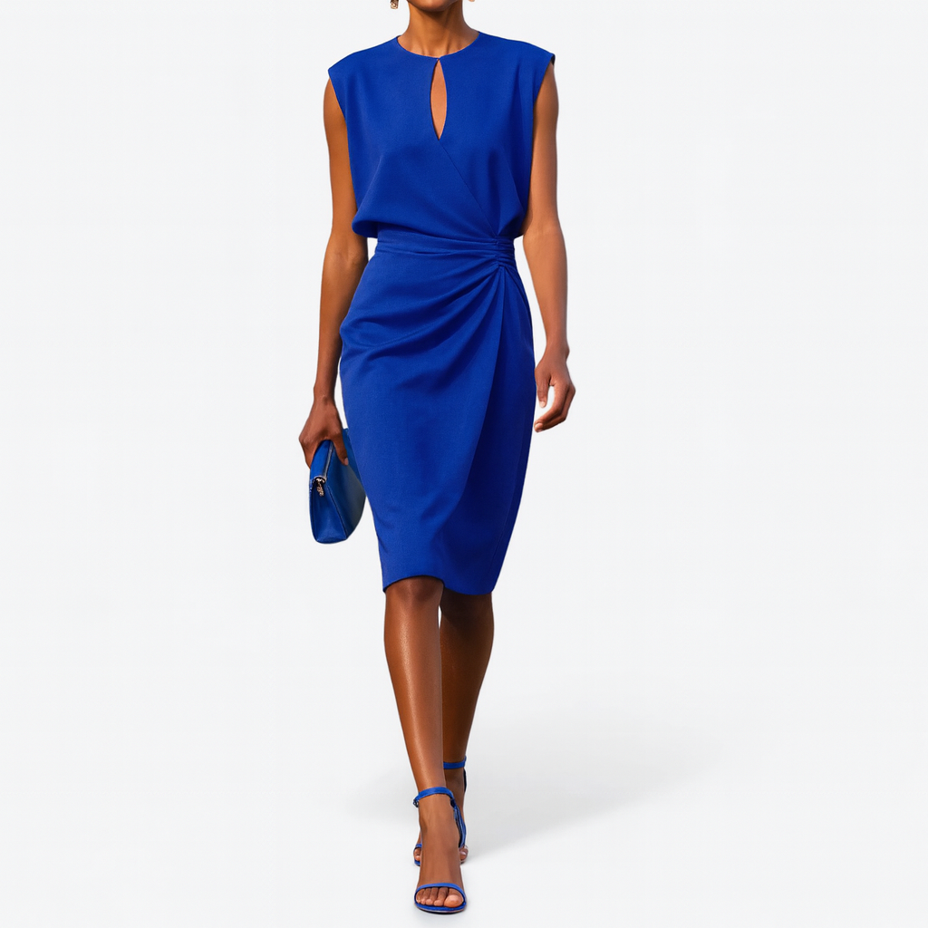 Woman model in a true-to-size occasion midi dress on plain background.