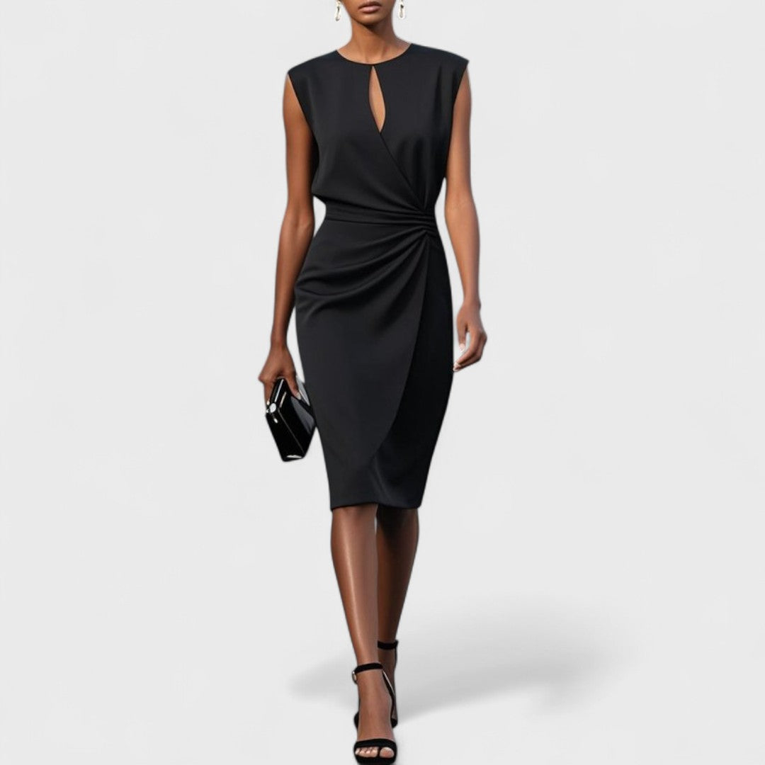 Sleeveless wrap front midi dress shown on a woman model with clean background.