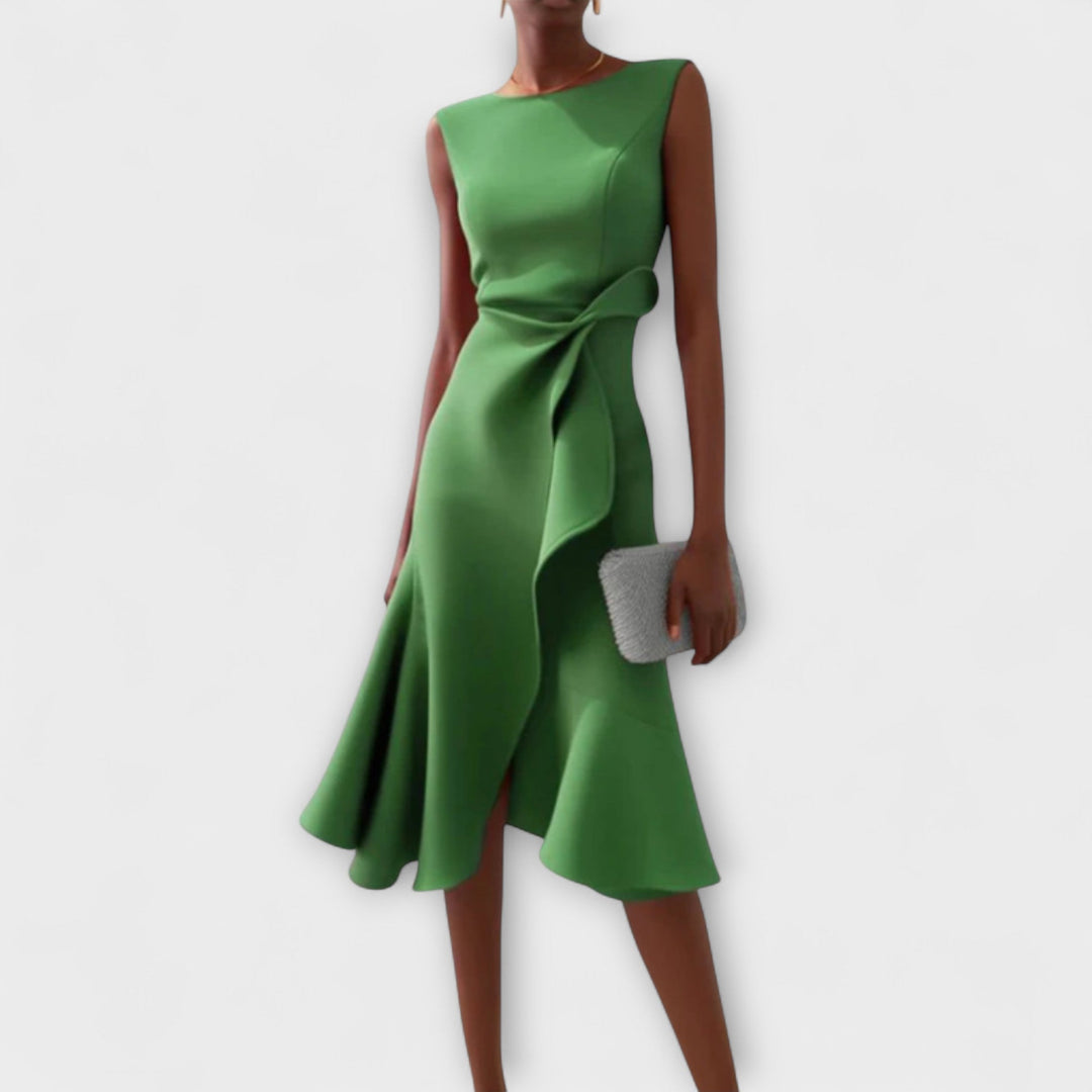 Flattering midi wrap dress styled on a woman model with a clean background.