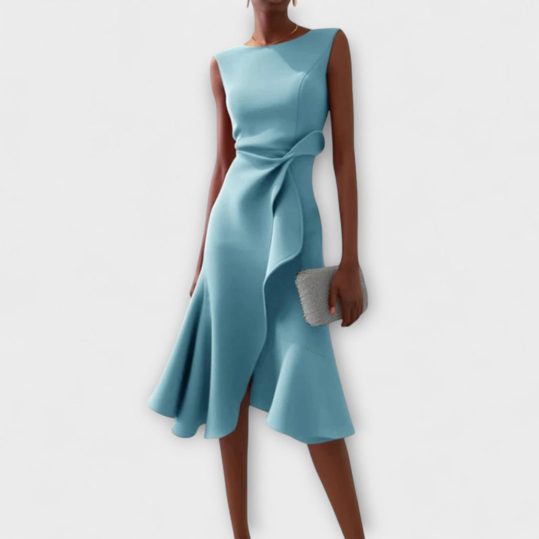 Elegant wrap midi dress worn by a woman model against a plain background.
