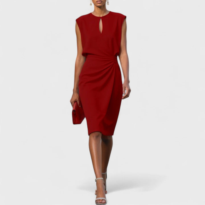 Wrap front sleeveless midi dress displayed on a woman model.