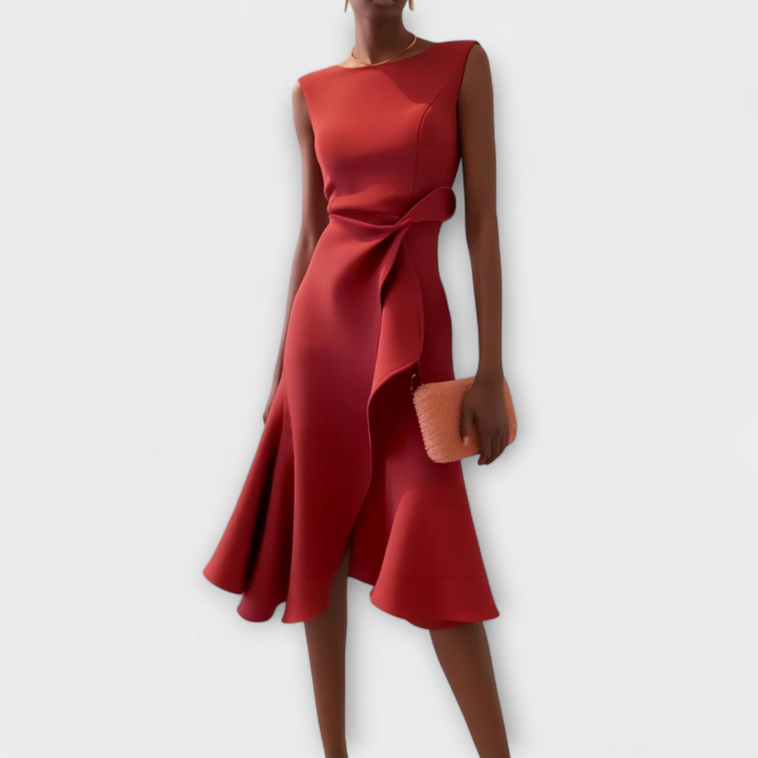 Woman model wearing a sleeveless wrap midi dress on a clean background.