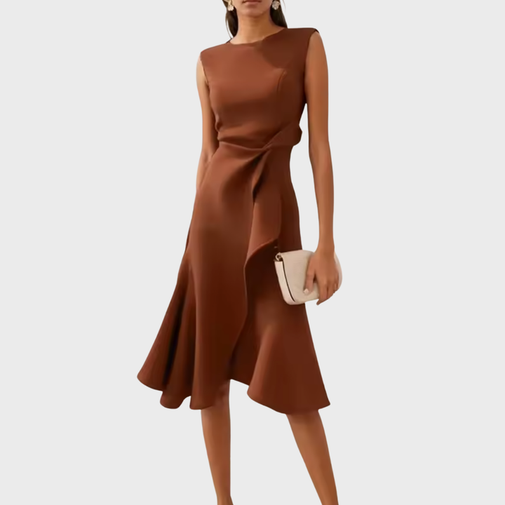 Woman model showcasing a waist-cinching midi dress on a plain background.