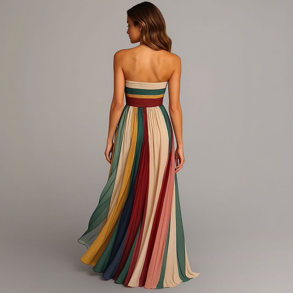 Model wearing an elegant strapless maxi dress in a clean studio setting, back view angle