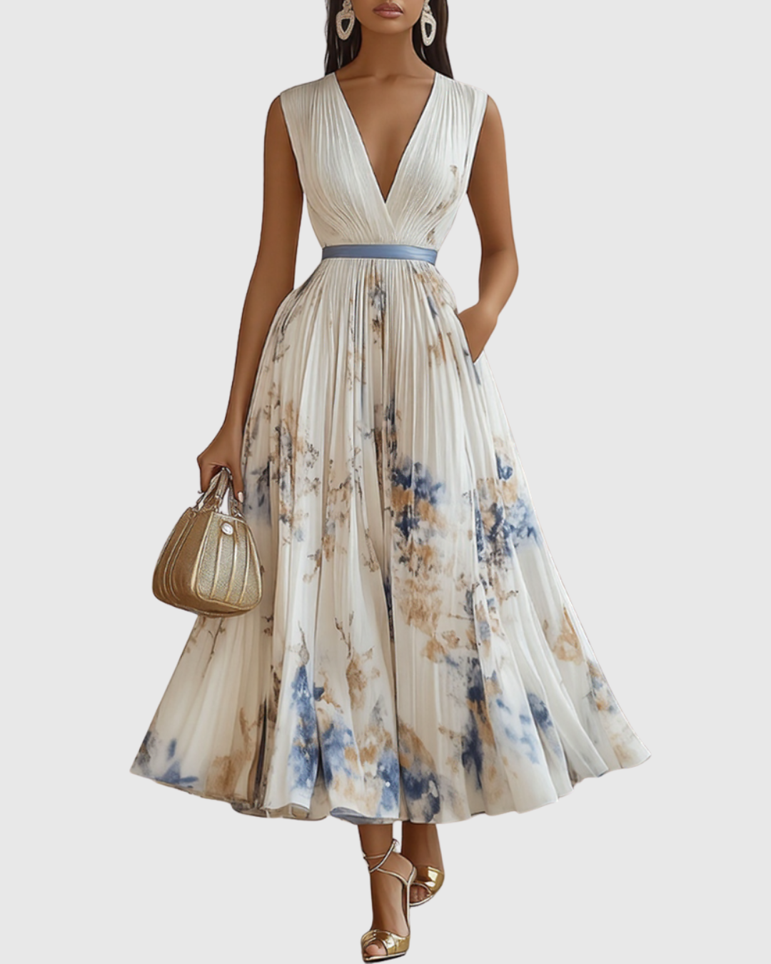 Front view of model wearing flowy midi dress plain background